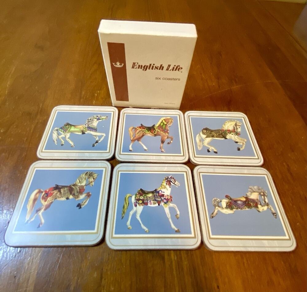 Vintage Coasters 6 Carousel Horses Deluxe Finish Cork Back 4.25” England